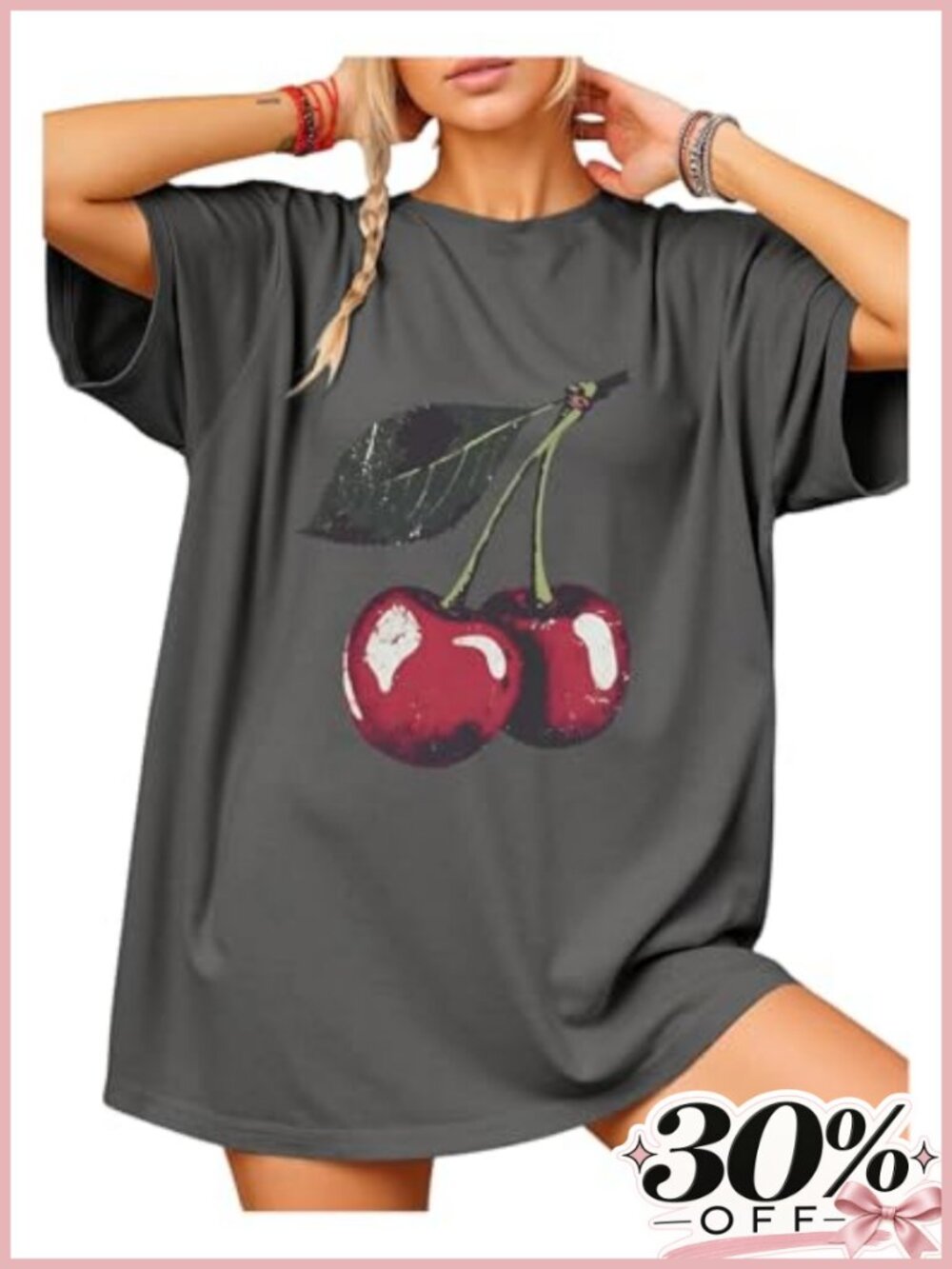 Plus Size Cherry Print Crew Neck Loose Tee Short Sleeve Casual Top